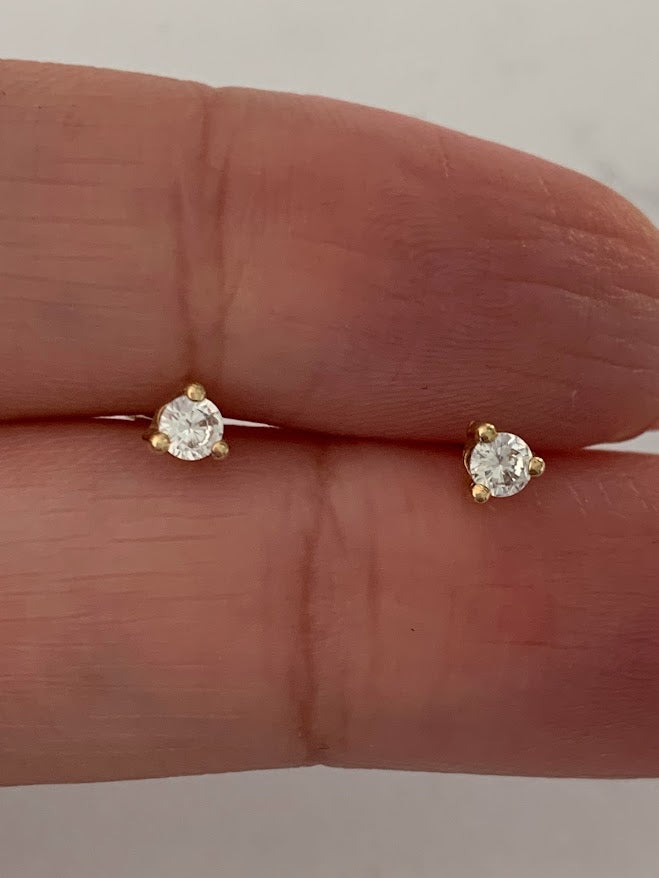4MM 14K Gold Pair Earrings,  14k Solid Gold, Cubic Zirconia, Low Profile, Small Three Prong, Minimalist Stud Earrings