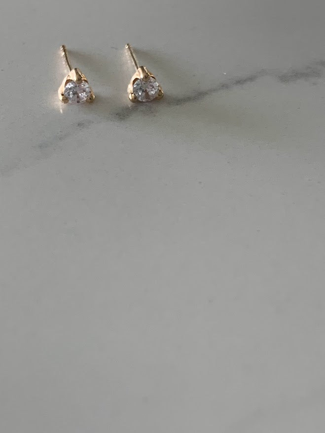 4MM 14K Gold Pair Earrings,  14k Solid Gold, Cubic Zirconia, Low Profile, Small Three Prong, Minimalist Stud Earrings