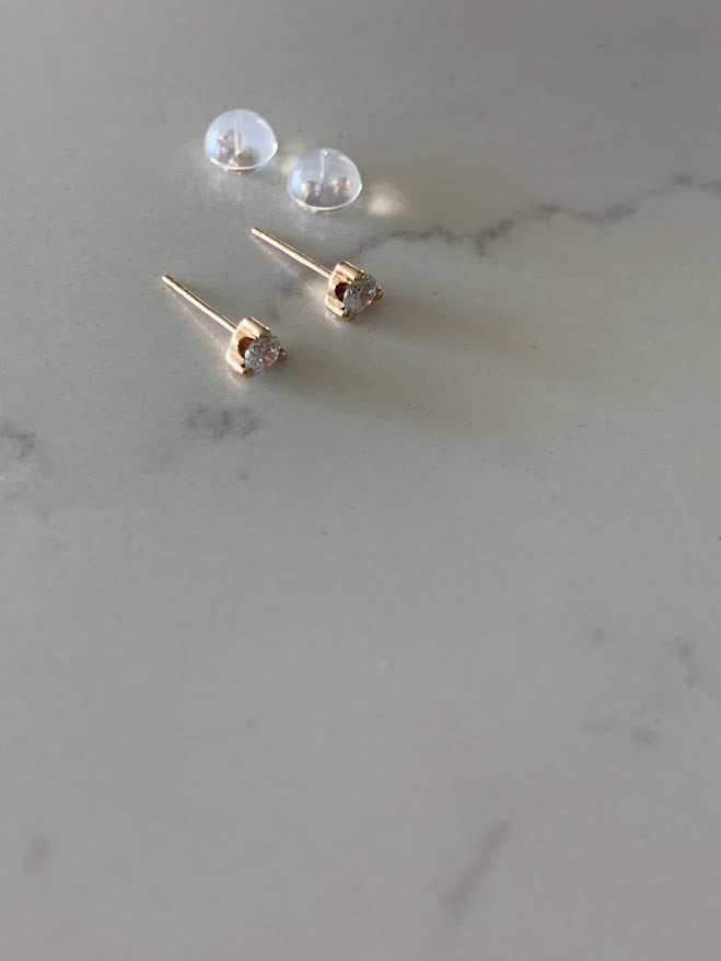 4MM 14K Gold Pair Earrings,  14k Solid Gold, Cubic Zirconia, Low Profile, Small Three Prong, Minimalist Stud Earrings