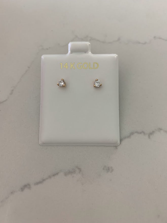 4MM 14K Gold Pair Earrings,  14k Solid Gold, Cubic Zirconia, Low Profile, Small Three Prong, Minimalist Stud Earrings