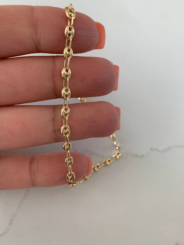 14K Gold Puffed Mariner Anklet Bracelet, 4MM Wide, Real 14K Gold Anklet, Gold Ankle Bracelet, Women Ankle Jewelry, Puffed Mariner Anklet