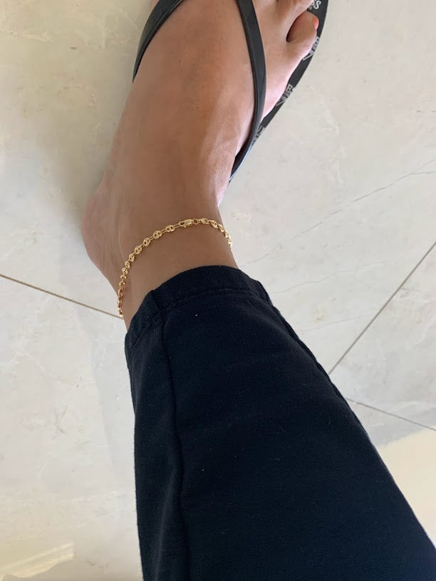 14K Gold Puffed Mariner Anklet Bracelet, 4MM Wide, Real 14K Gold Anklet, Gold Ankle Bracelet, Women Ankle Jewelry, Puffed Mariner Anklet