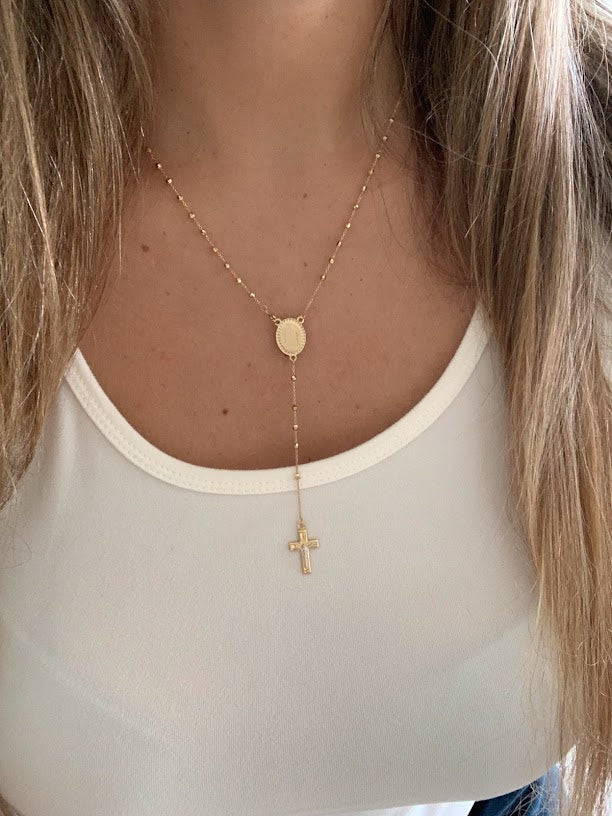 10k Solid Yellow Gold Rosary virgin Mary Jesus Cross Necklace 24'' 6.2 – bhj