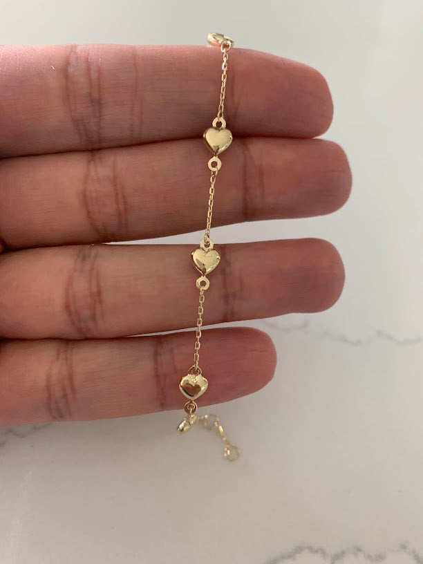 14K Genuine Gold Puffed Heart Charm Bracelet, Small Puffed Heart Bracelet, 5.5"-6" Adjustable Bracelet, Bracelet for Toddler, Genuine Gold