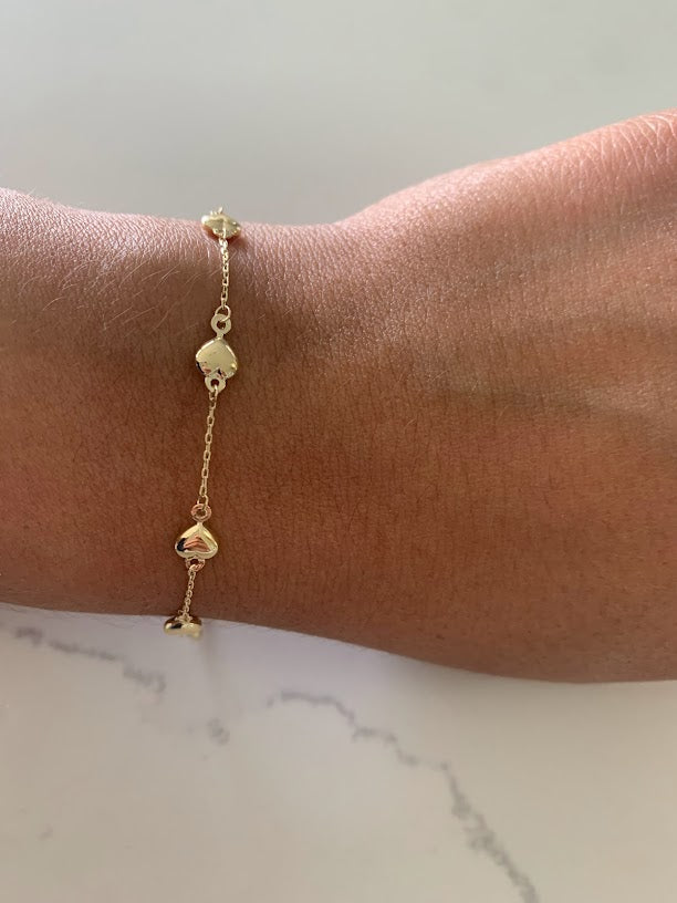 14K Genuine Gold Puffed Heart Charm Bracelet, Small Puffed Heart Bracelet, 5.5"-6" Adjustable Bracelet, Bracelet for Toddler, Genuine Gold
