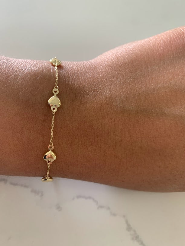 14K Genuine Gold Puffed Heart Charm Bracelet, Small Puffed Heart Bracelet, 5.5"-6" Adjustable Bracelet, Bracelet for Toddler, Genuine Gold