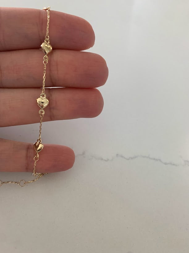 14K Genuine Gold Puffed Heart Charm Bracelet, Small Puffed Heart Bracelet, 5.5"-6" Adjustable Bracelet, Bracelet for Toddler, Genuine Gold