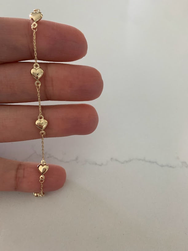 14K Genuine Gold Puffed Heart Charm Bracelet, Small Puffed Heart Bracelet, 5.5"-6" Adjustable Bracelet, Bracelet for Toddler, Genuine Gold