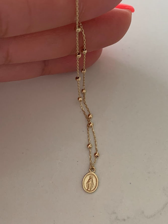 14K Gold Virgin of the Miraculous Medal Beaded Necklace | Genuine Gold | Dainty and Delicate Religious Necklace