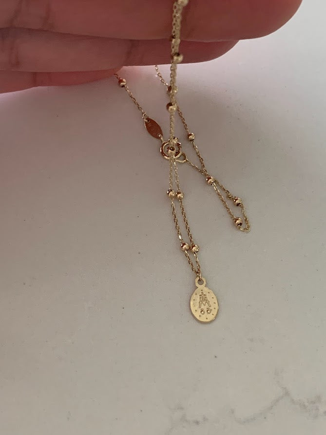 14K Gold Virgin of the Miraculous Medal Beaded Necklace | Genuine Gold | Dainty and Delicate Religious Necklace