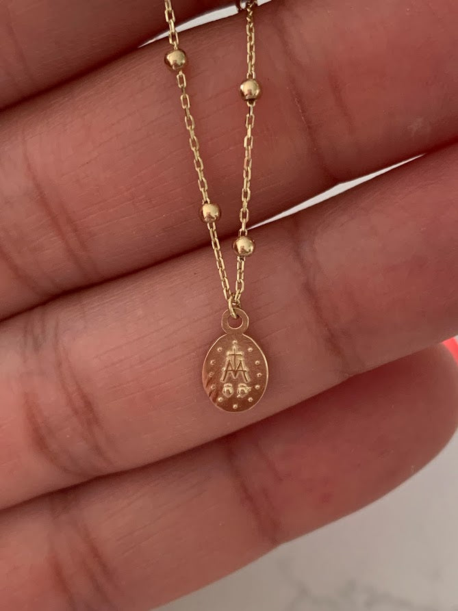 14K Gold Virgin of the Miraculous Medal Beaded Necklace | Genuine Gold | Dainty and Delicate Religious Necklace