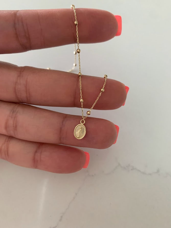 14K Gold Virgin of the Miraculous Medal Beaded Necklace | Genuine Gold | Dainty and Delicate Religious Necklace
