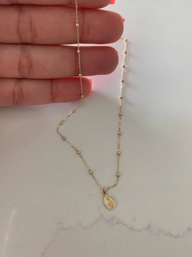 14K Gold Virgin of the Miraculous Medal Beaded Necklace | Genuine Gold | Dainty and Delicate Religious Necklace