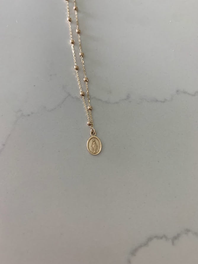 14K Gold Virgin of the Miraculous Medal Beaded Necklace | Genuine Gold | Dainty and Delicate Religious Necklace