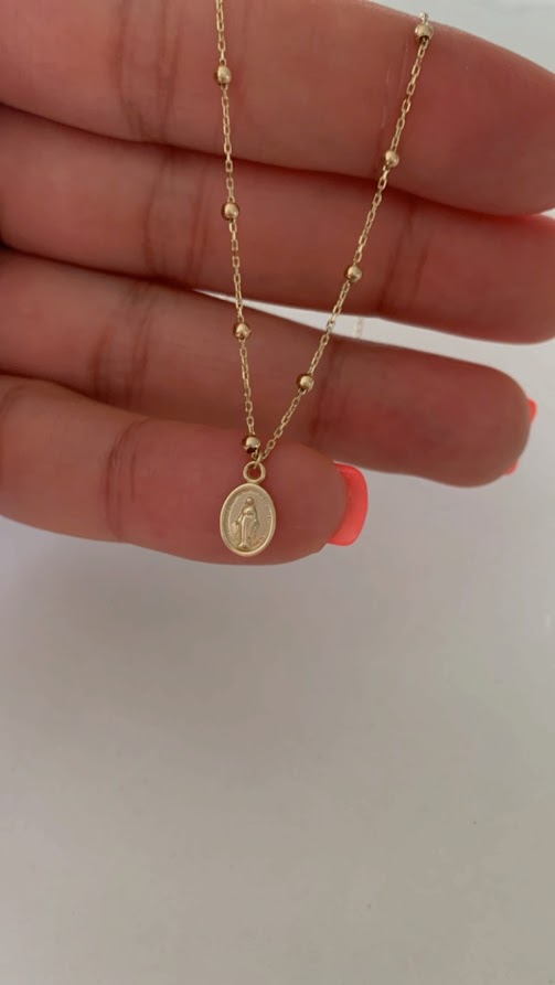 14K Gold Virgin of the Miraculous Medal Beaded Necklace | Genuine Gold | Dainty and Delicate Religious Necklace