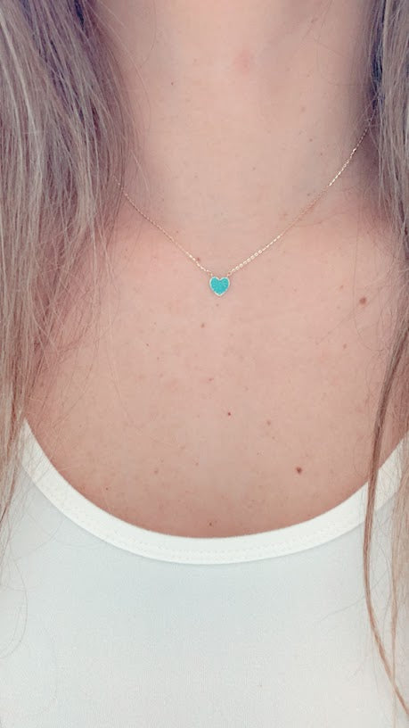 Turquoise Small Heart Necklace | Real Turquoise CZ| 14K Gold | 8MM Heart Gold Chain | Dainty Necklace | Minimalist Jewelry | SOLID GOLD