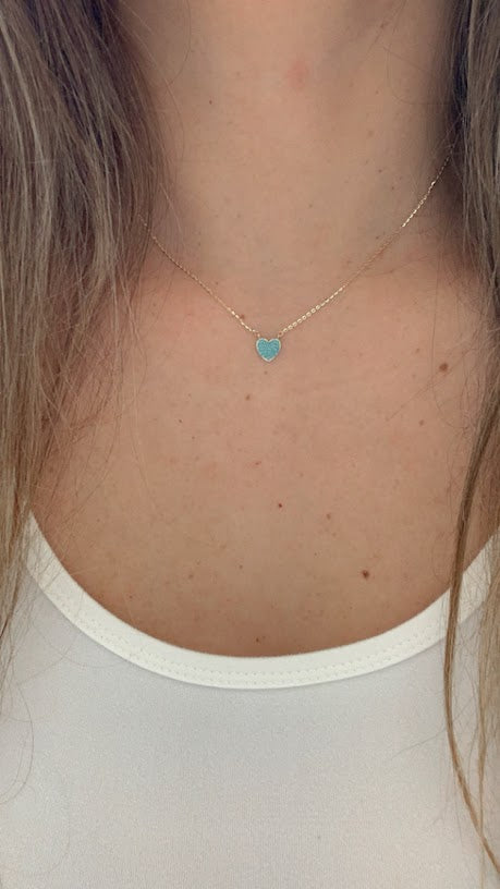 Turquoise Small Heart Necklace | Real Turquoise CZ| 14K Gold | 8MM Heart Gold Chain | Dainty Necklace | Minimalist Jewelry | SOLID GOLD