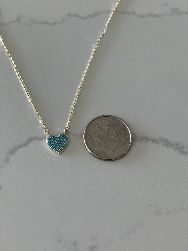 Turquoise Small Heart Necklace | Real Turquoise CZ| 14K Gold | 8MM Heart Gold Chain | Dainty Necklace | Minimalist Jewelry | SOLID GOLD