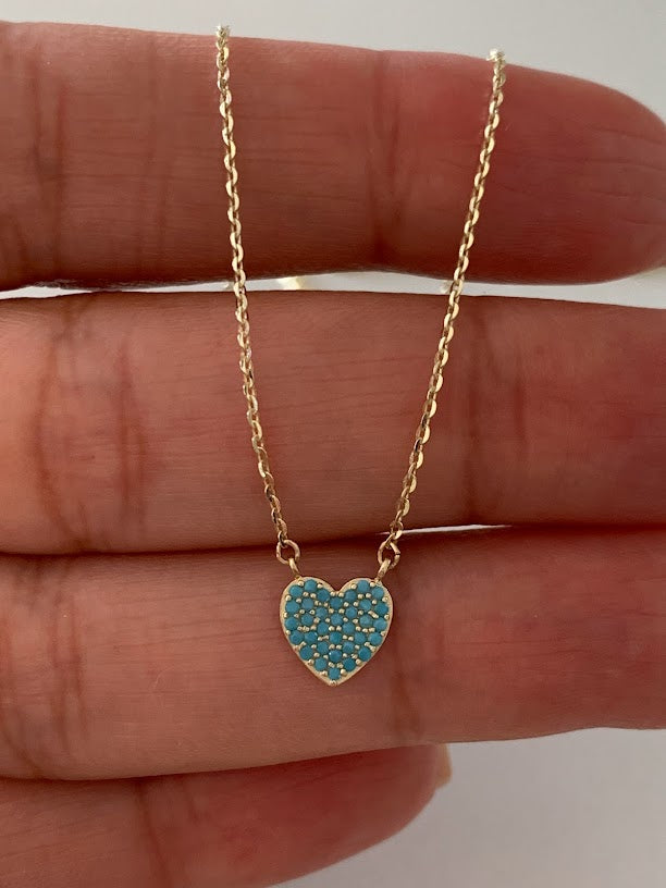 Turquoise Small Heart Necklace | Real Turquoise CZ| 14K Gold | 8MM Heart Gold Chain | Dainty Necklace | Minimalist Jewelry | SOLID GOLD