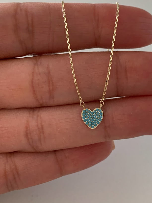 Turquoise Small Heart Necklace | Real Turquoise CZ| 14K Gold | 8MM Heart Gold Chain | Dainty Necklace | Minimalist Jewelry | SOLID GOLD