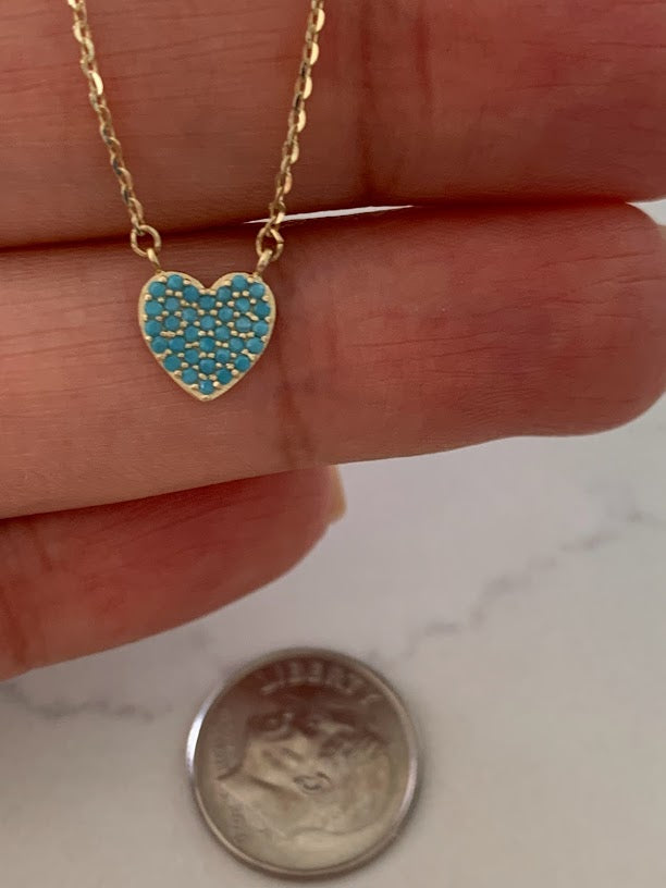 Turquoise Small Heart Necklace | Real Turquoise CZ| 14K Gold | 8MM Heart Gold Chain | Dainty Necklace | Minimalist Jewelry | SOLID GOLD
