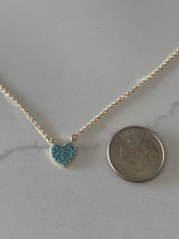 Turquoise Small Heart Necklace | Real Turquoise CZ| 14K Gold | 8MM Heart Gold Chain | Dainty Necklace | Minimalist Jewelry | SOLID GOLD