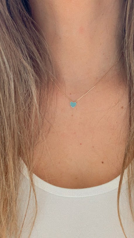 Turquoise Small Heart Necklace | Real Turquoise CZ| 14K Gold | 8MM Heart Gold Chain | Dainty Necklace | Minimalist Jewelry | SOLID GOLD