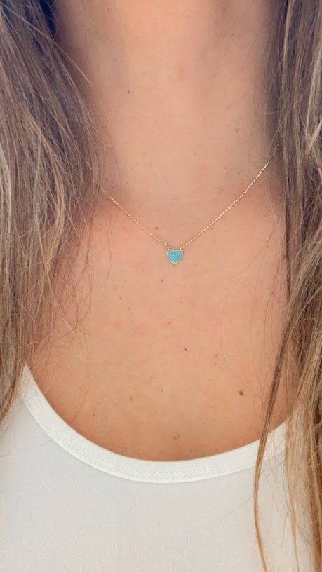 Turquoise Small Heart Necklace | Real Turquoise CZ| 14K Gold | 8MM Heart Gold Chain | Dainty Necklace | Minimalist Jewelry | SOLID GOLD