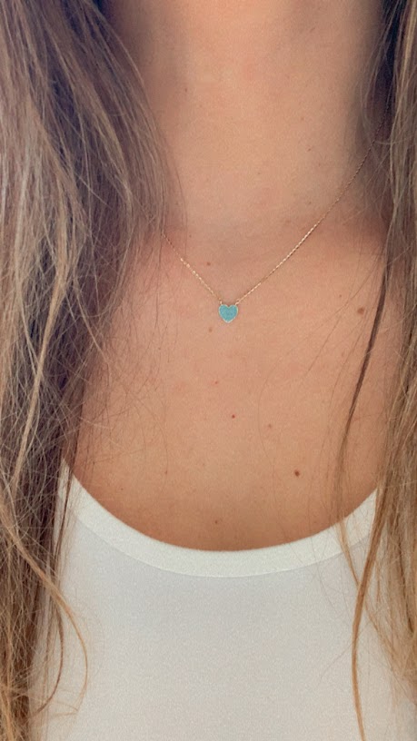 Turquoise Small Heart Necklace | Real Turquoise CZ| 14K Gold | 8MM Heart Gold Chain | Dainty Necklace | Minimalist Jewelry | SOLID GOLD