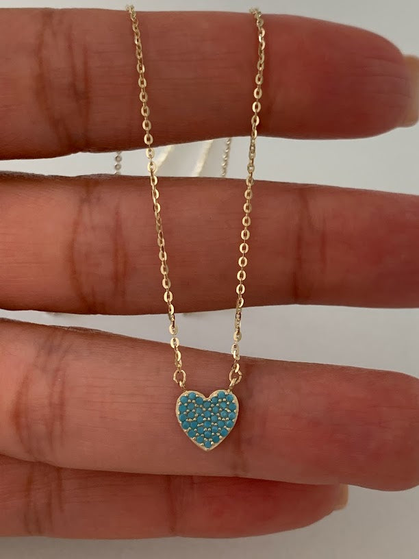 Turquoise Small Heart Necklace | Real Turquoise CZ| 14K Gold | 8MM Heart Gold Chain | Dainty Necklace | Minimalist Jewelry | SOLID GOLD