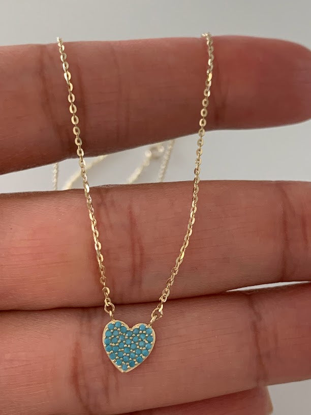 Turquoise Small Heart Necklace | Real Turquoise CZ| 14K Gold | 8MM Heart Gold Chain | Dainty Necklace | Minimalist Jewelry | SOLID GOLD