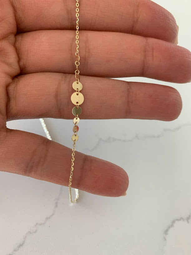 14k Solid Gold Adjustable Disc Choker Necklace, Dainty Necklace, Layering Necklace, 16"/18" Necklace