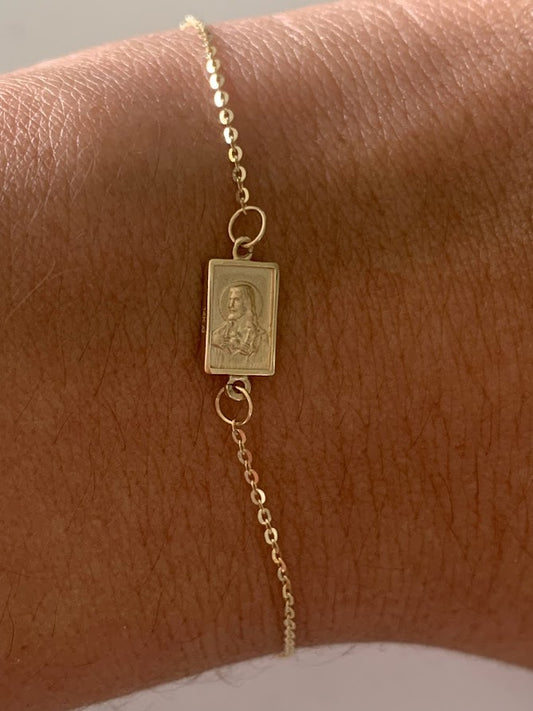14K Solid Gold Scapular Pendant Bracelet | Yellow Gold Scapular Bracelet | 14K Solid Gold Mount of Carmel Virgin and Sacred Heart of Jesus