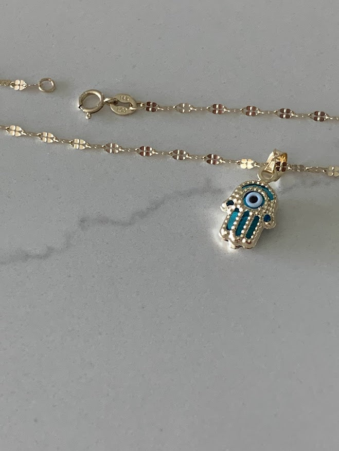 Hamsa Evil Eye Necklace in 14K Solid Gold | Protection Necklace for Women | 14K Real Gold Jewelry | Gift for Her | Hamsa Evil Eye Necklace