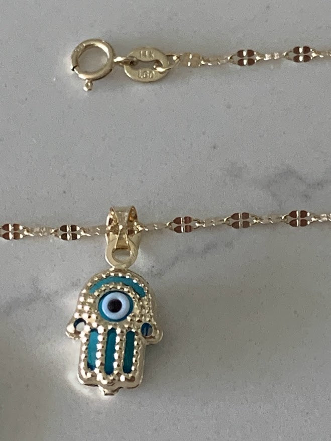 Hamsa Evil Eye Necklace in 14K Solid Gold | Protection Necklace for Women | 14K Real Gold Jewelry | Gift for Her | Hamsa Evil Eye Necklace