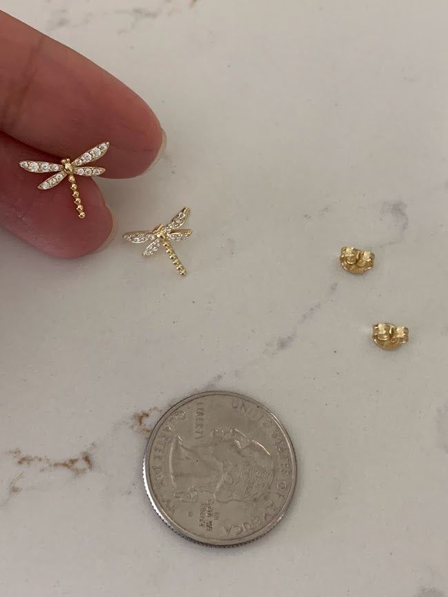 Gold Dragonfly Studs | Stud Earrings | Cubic Zirconia Dragonflies | Dragonfly Earrings in Sterling Silver