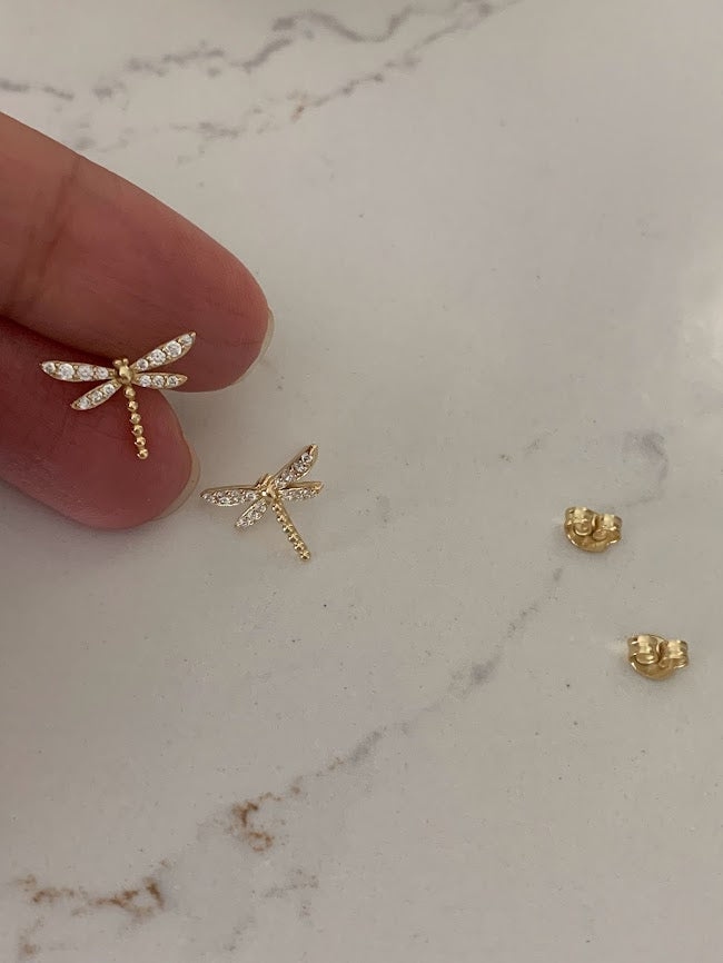 Gold Dragonfly Studs | Stud Earrings | Cubic Zirconia Dragonflies | Dragonfly Earrings in Sterling Silver