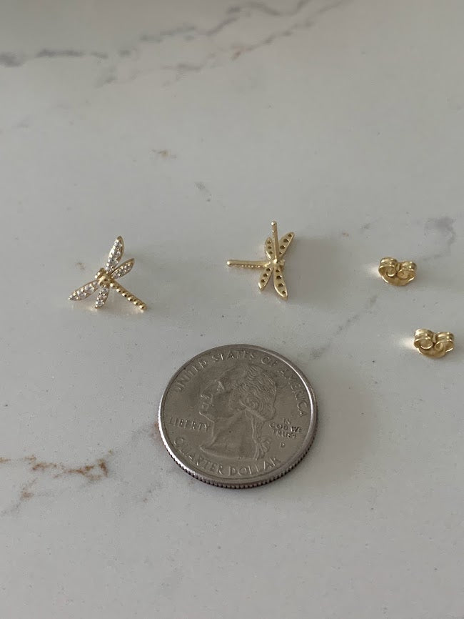 Gold Dragonfly Studs | Stud Earrings | Cubic Zirconia Dragonflies | Dragonfly Earrings in Sterling Silver