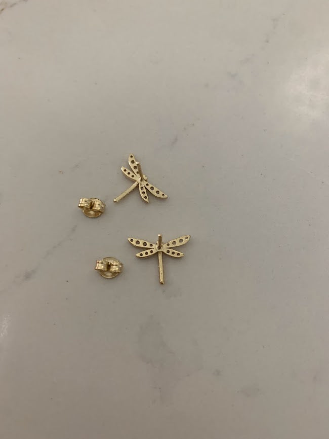 Gold Dragonfly Studs | Stud Earrings | Cubic Zirconia Dragonflies | Dragonfly Earrings in Sterling Silver