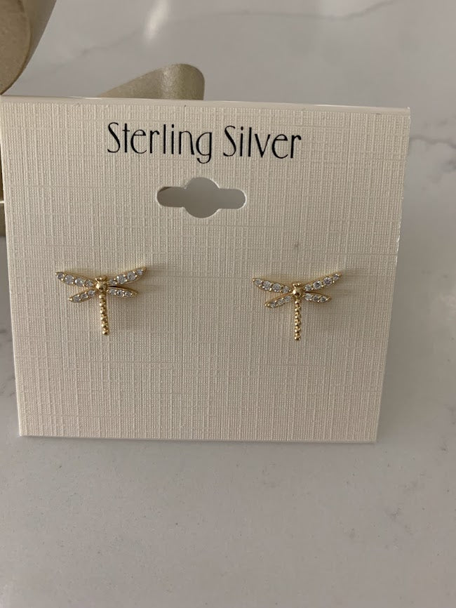 Gold Dragonfly Studs | Stud Earrings | Cubic Zirconia Dragonflies | Dragonfly Earrings in Sterling Silver