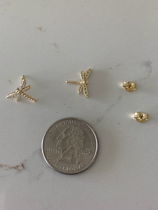 Gold Dragonfly Studs | Stud Earrings | Cubic Zirconia Dragonflies | Dragonfly Earrings in Sterling Silver