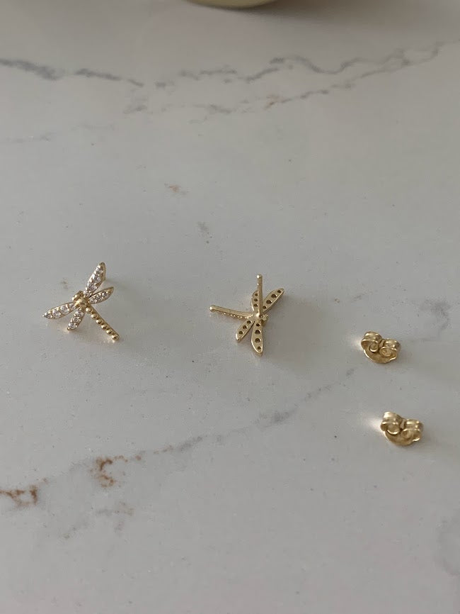 Gold Dragonfly Studs | Stud Earrings | Cubic Zirconia Dragonflies | Dragonfly Earrings in Sterling Silver