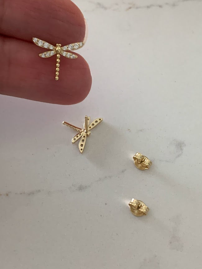 Gold Dragonfly Studs | Stud Earrings | Cubic Zirconia Dragonflies | Dragonfly Earrings in Sterling Silver