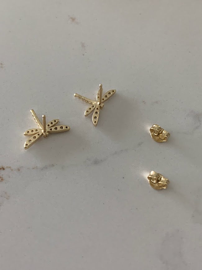 Gold Dragonfly Studs | Stud Earrings | Cubic Zirconia Dragonflies | Dragonfly Earrings in Sterling Silver