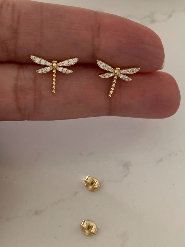 Gold Dragonfly Studs | Stud Earrings | Cubic Zirconia Dragonflies | Dragonfly Earrings in Sterling Silver