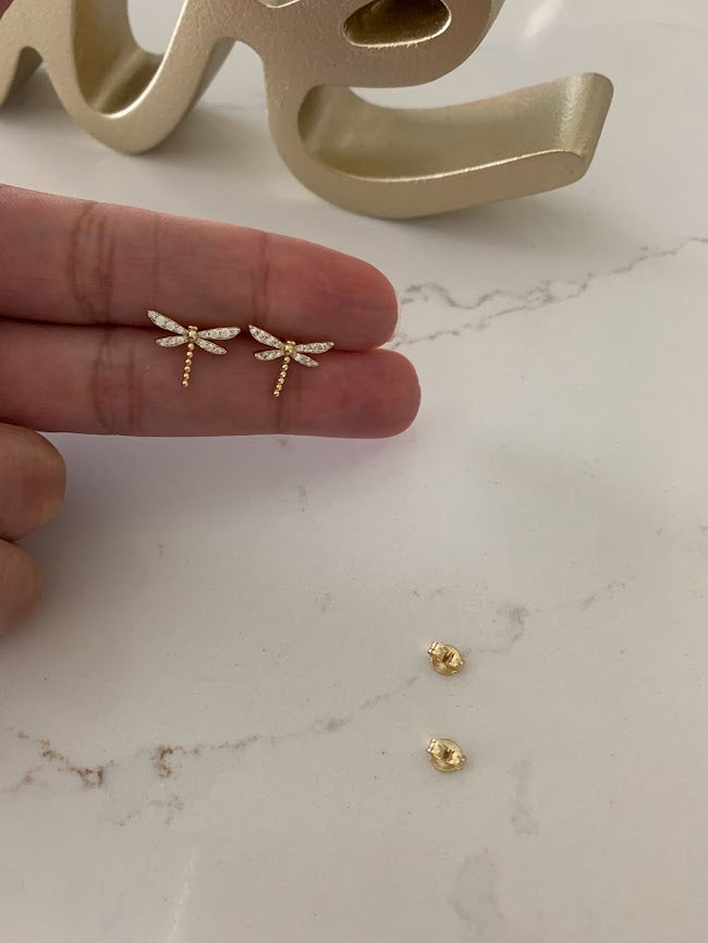 Gold Dragonfly Studs | Stud Earrings | Cubic Zirconia Dragonflies | Dragonfly Earrings in Sterling Silver
