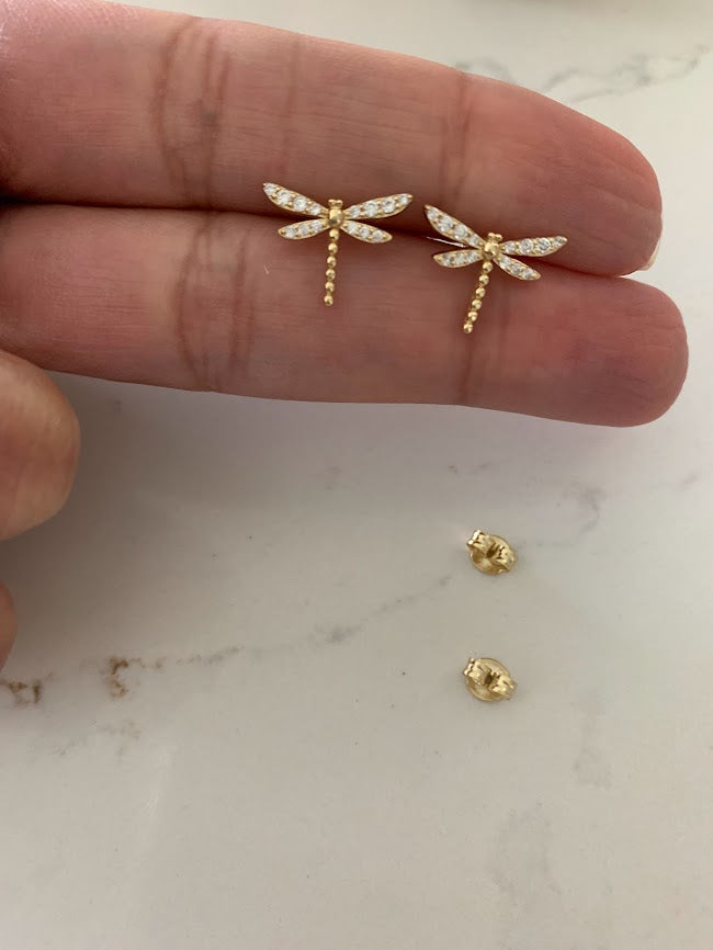 Gold Dragonfly Studs | Stud Earrings | Cubic Zirconia Dragonflies | Dragonfly Earrings in Sterling Silver