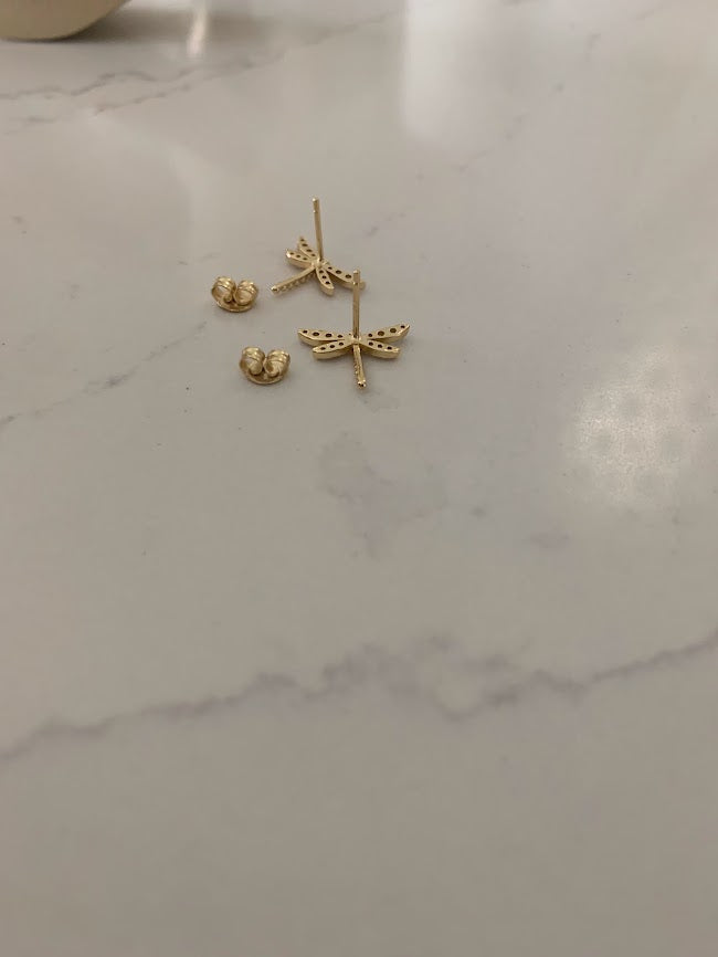 Gold Dragonfly Studs | Stud Earrings | Cubic Zirconia Dragonflies | Dragonfly Earrings in Sterling Silver