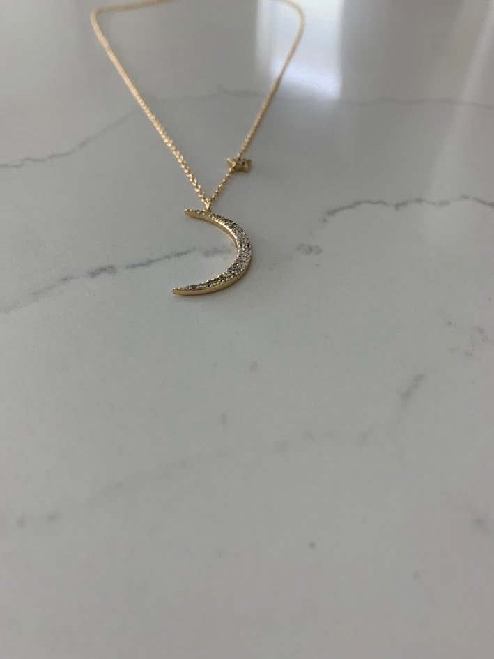 Gold Hanging Moon and Star Necklace, Dainty Star Necklace, Layering Necklace, Star Necklace, Crescent Moon, Moon and Star Necklace, 16+2"