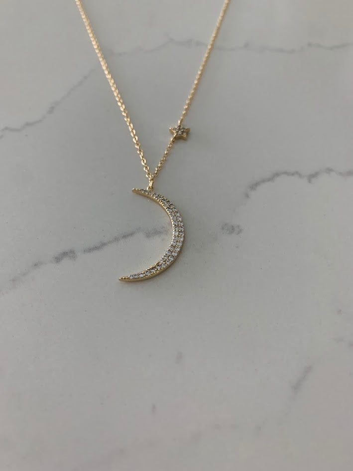 Gold Hanging Moon and Star Necklace, Dainty Star Necklace, Layering Necklace, Star Necklace, Crescent Moon, Moon and Star Necklace, 16+2"